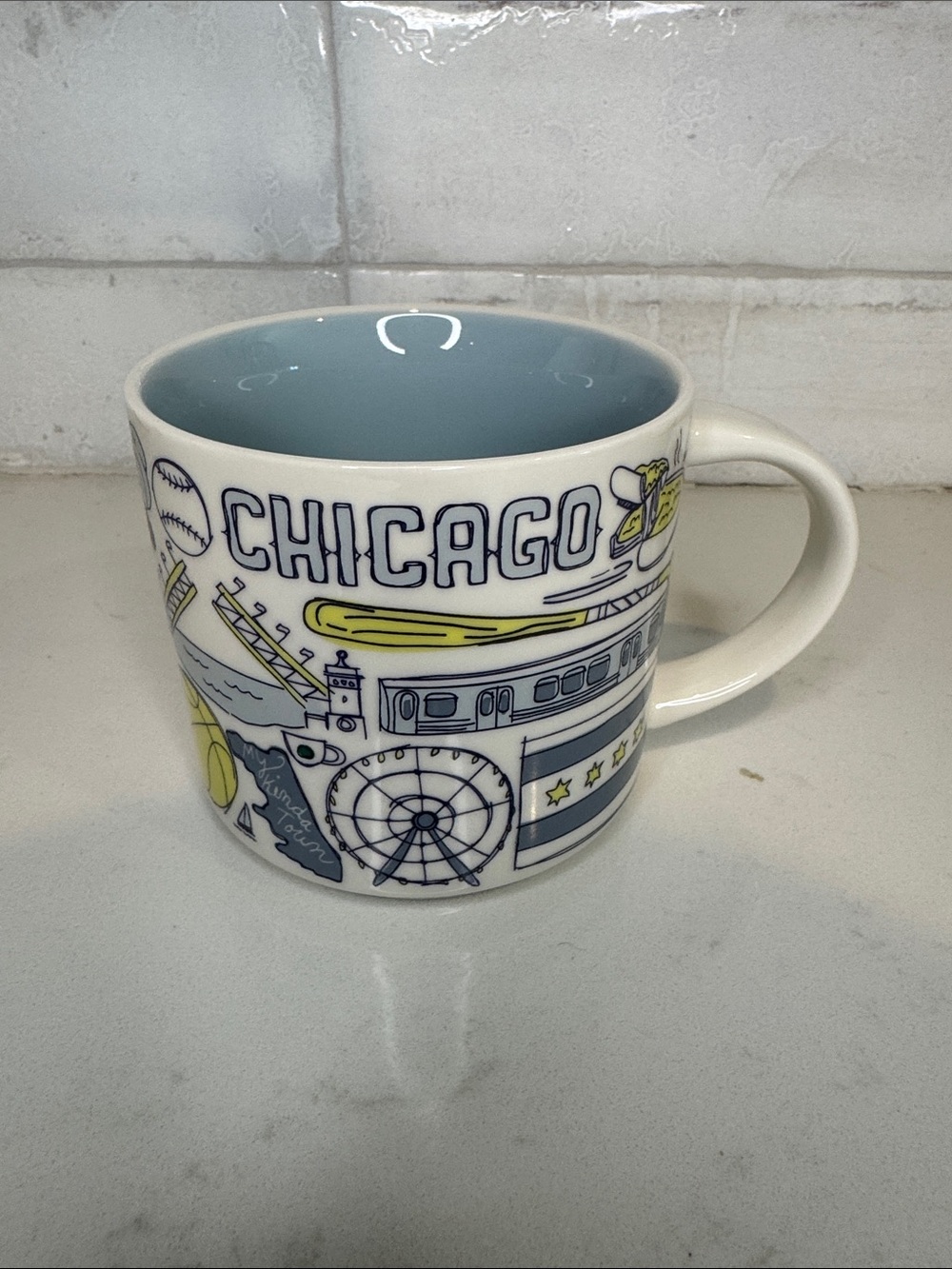 Starbucks Chicago City Mug - Light Blue Interior with Navy and Yellow Accents